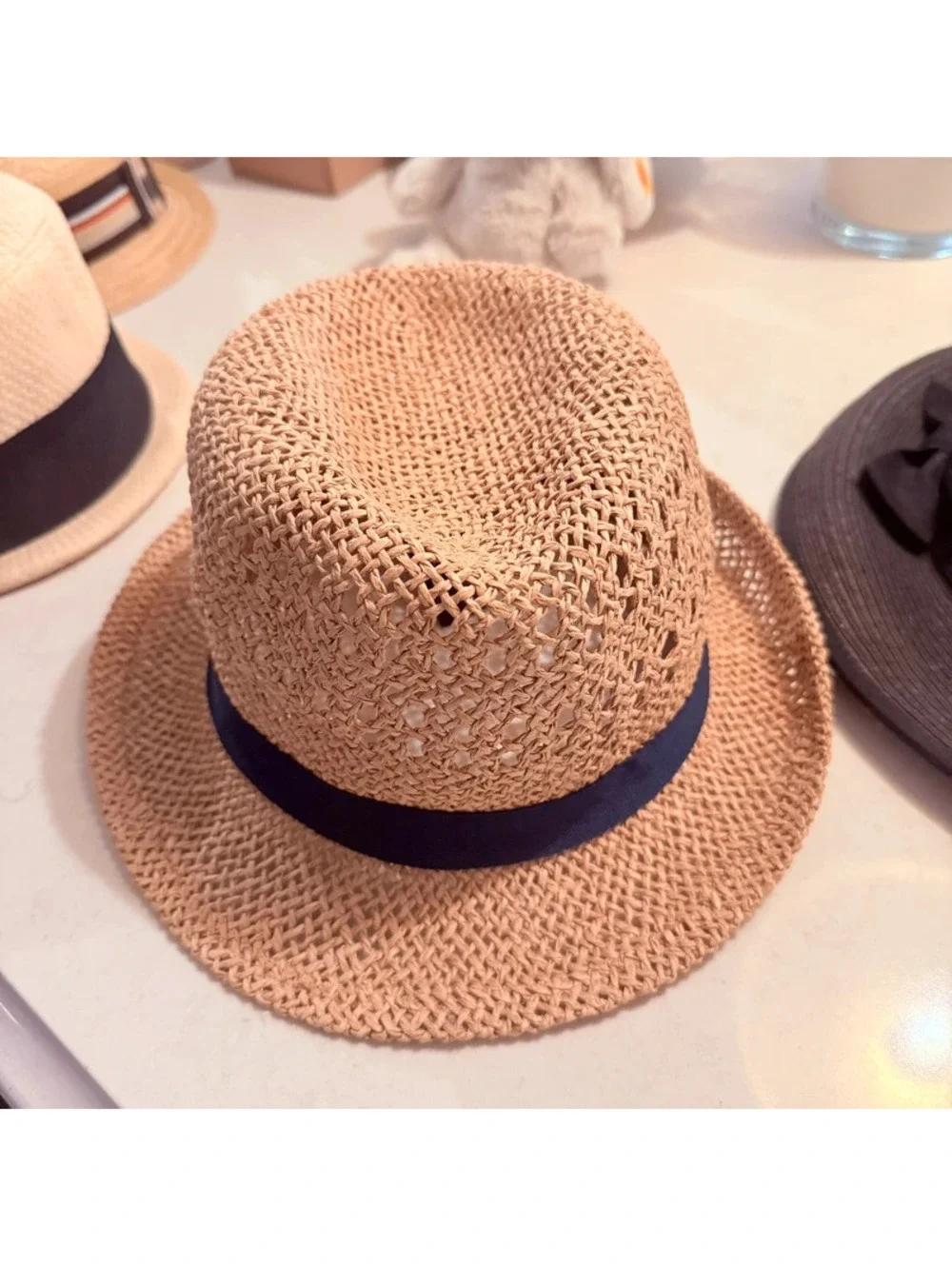 Raffia and blue fedora hat